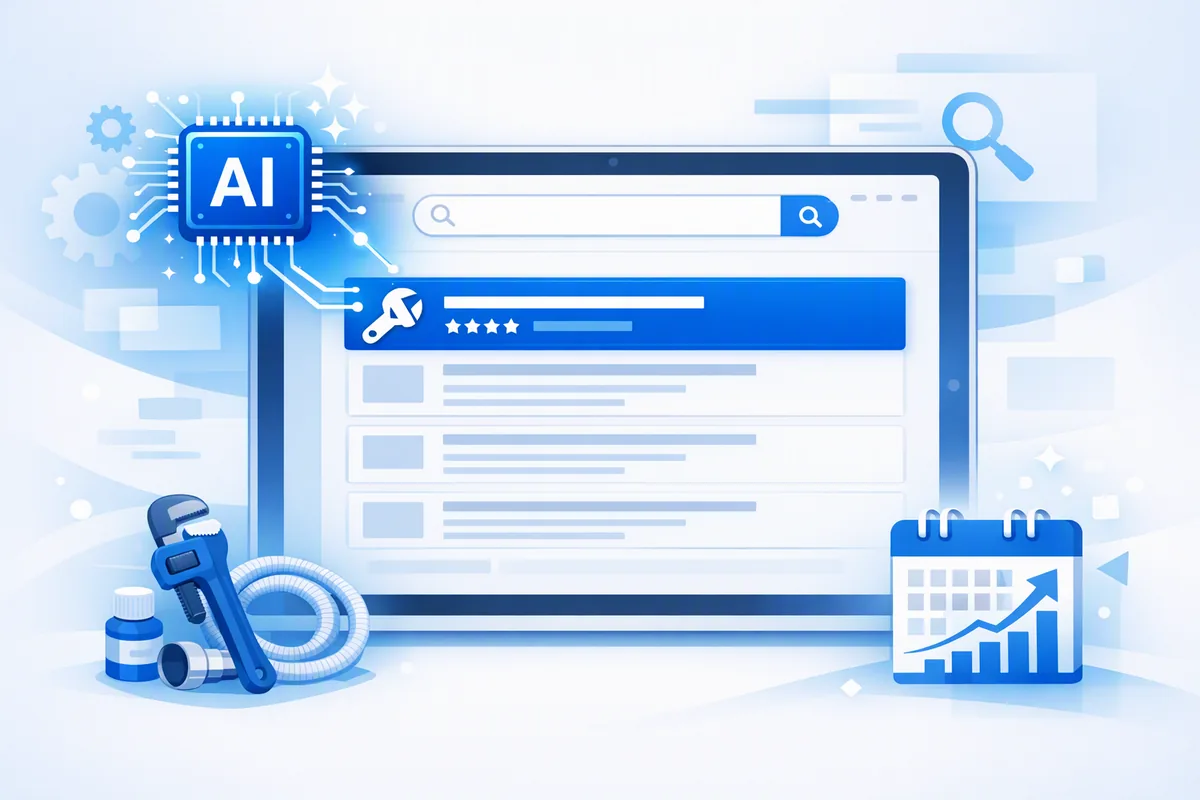 Search results with a top-ranked plumbing listing and AI chip icon — AI SEO for plumbers