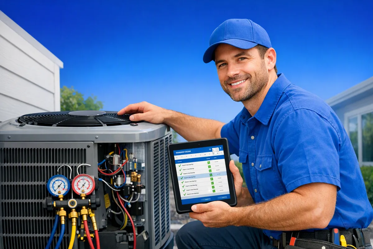 HVAC technician with maintenance schedule tablet — HVAC website by AI4WEB