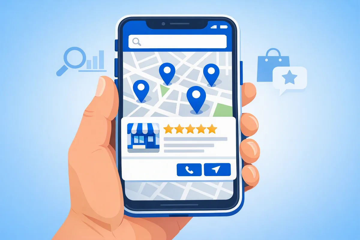 Phone showing local map search with location pins and five-star listing — local SEO