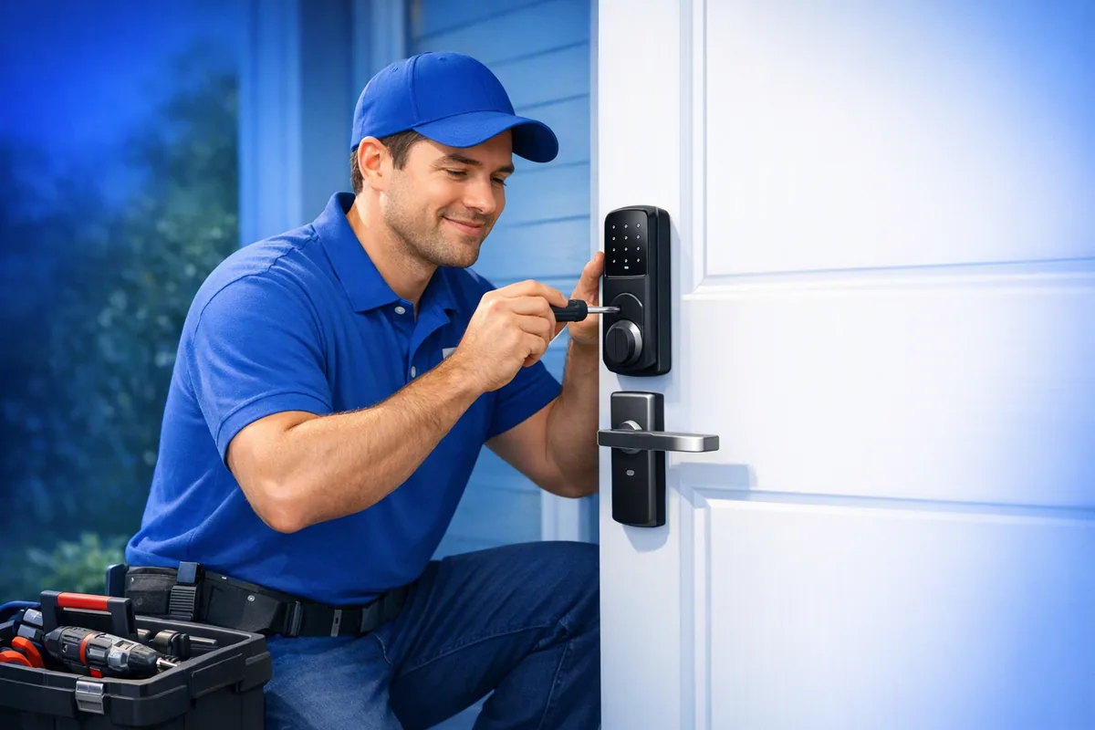 Technician installing a smart door lock — locksmith website by AI4WEB