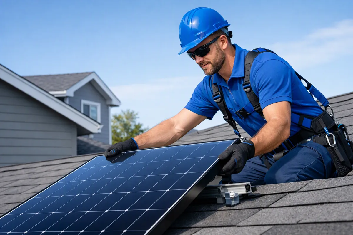 Installer mounting a solar panel on a rooftop — solar installation website by AI4WEB