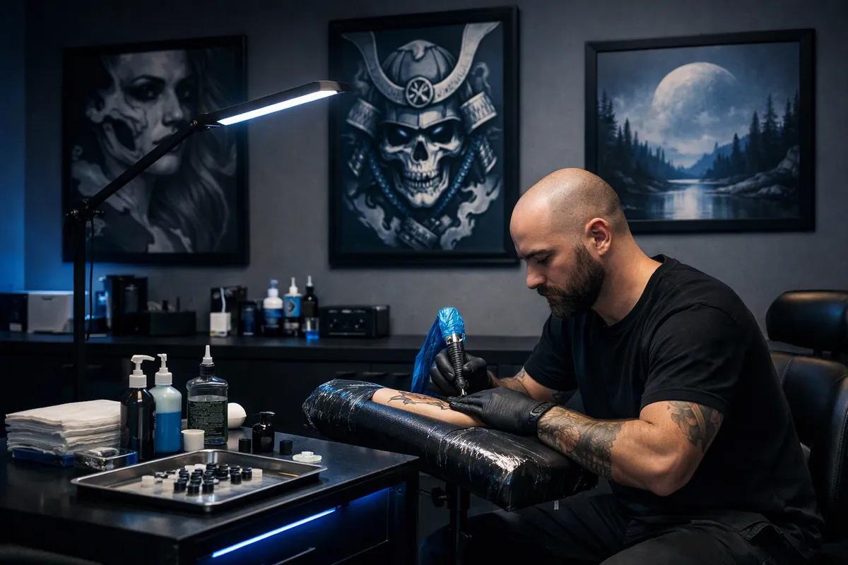 Tattoo artist at a clean modern studio — tattoo studio website by AI4WEB
