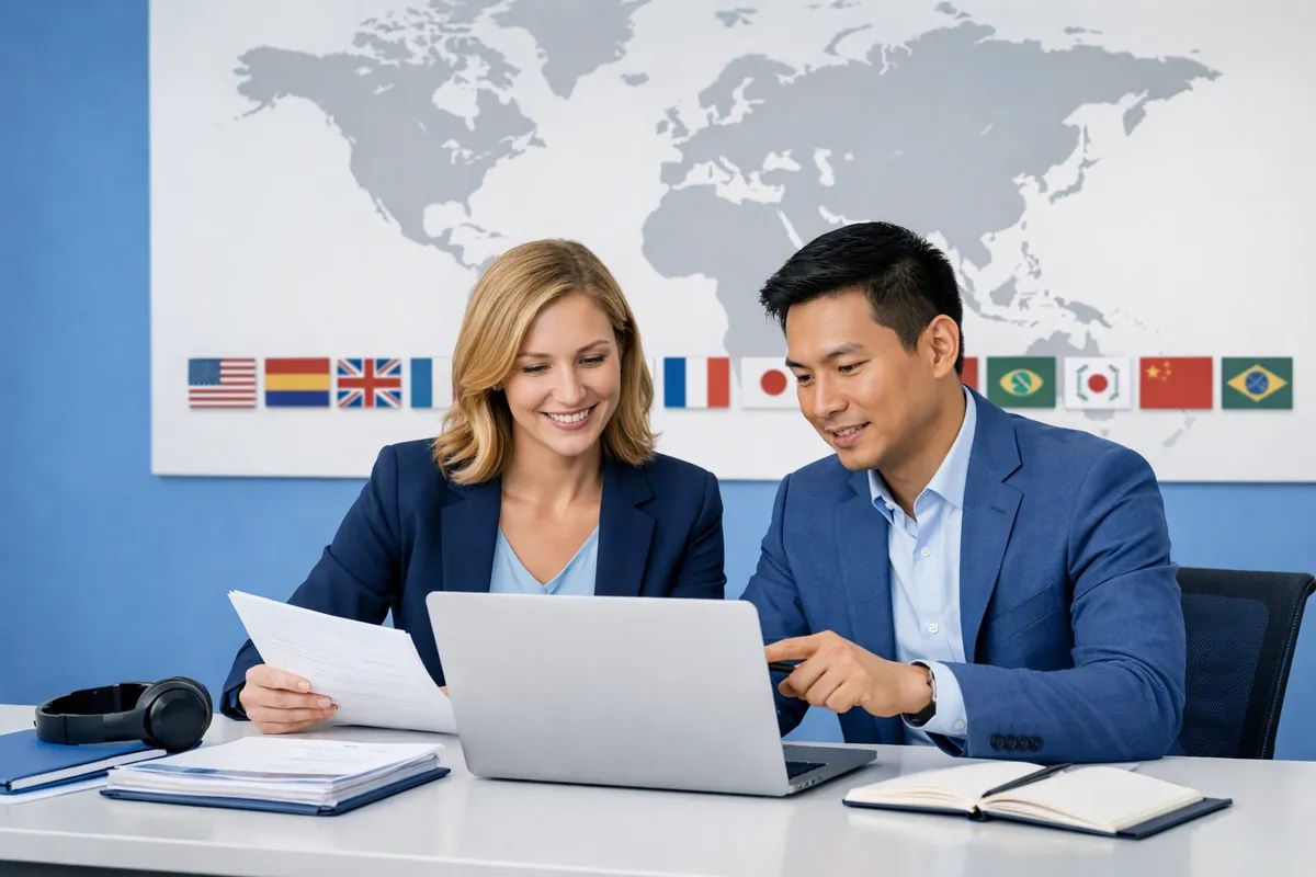 Translators reviewing documents — translation services website by AI4WEB
