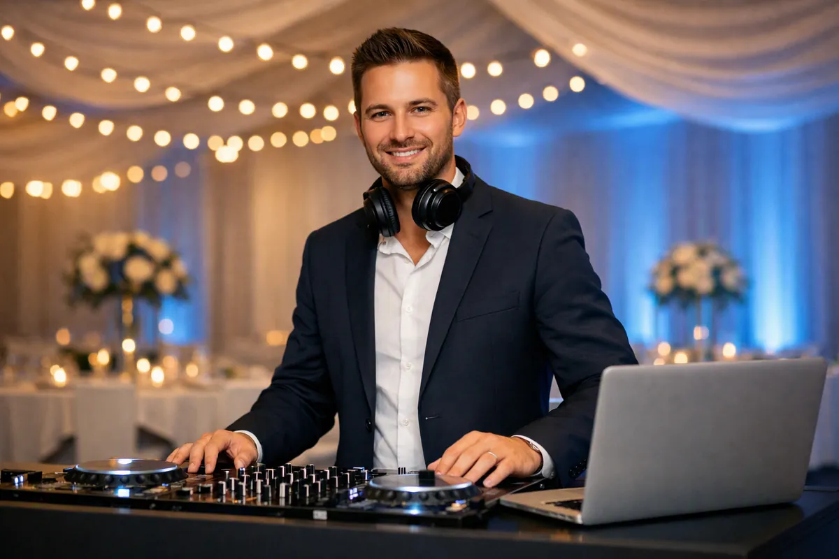 Wedding DJ mixing at a reception — wedding DJ website by AI4WEB
