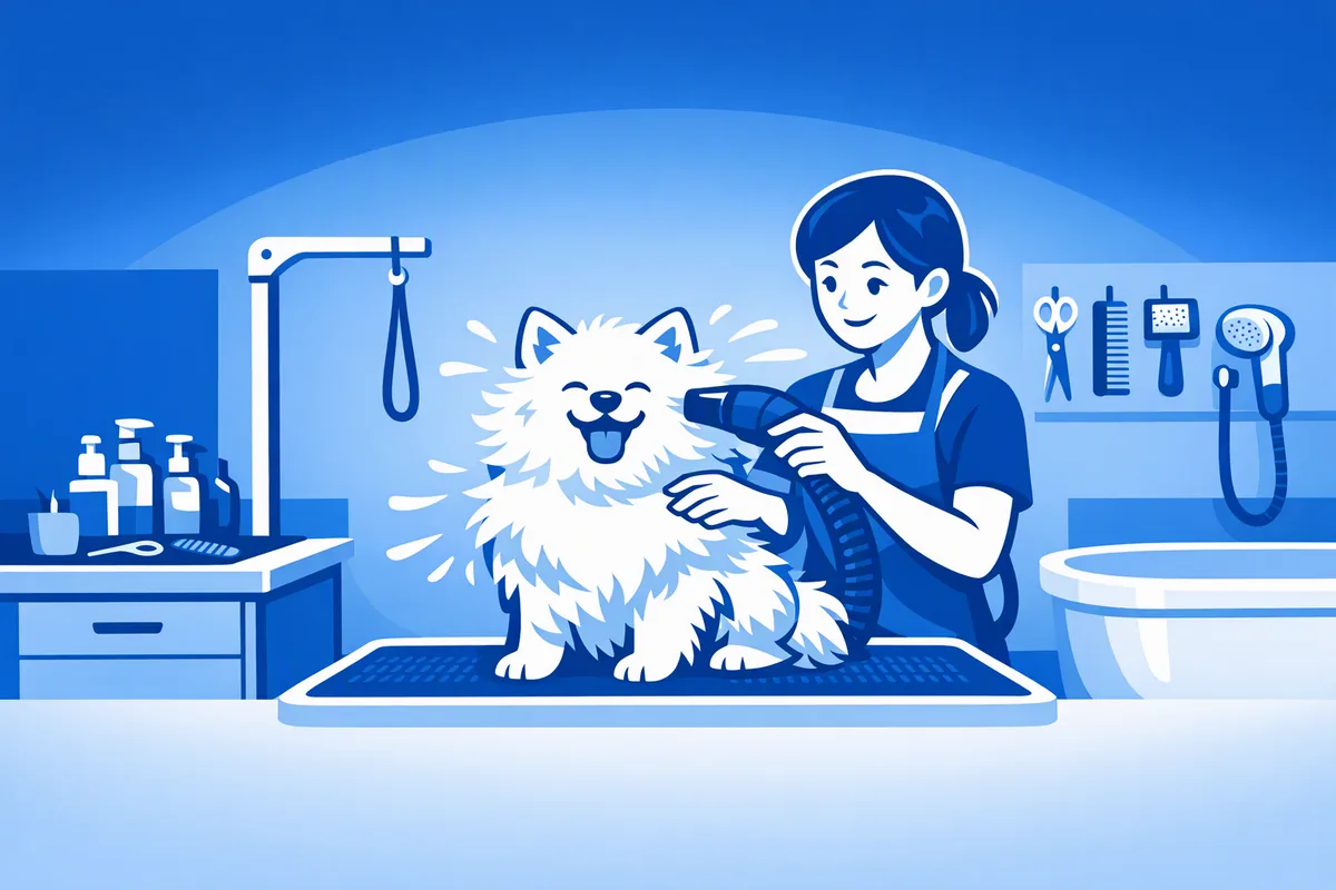 Happy dog with a caretaker — website by AI4WEB